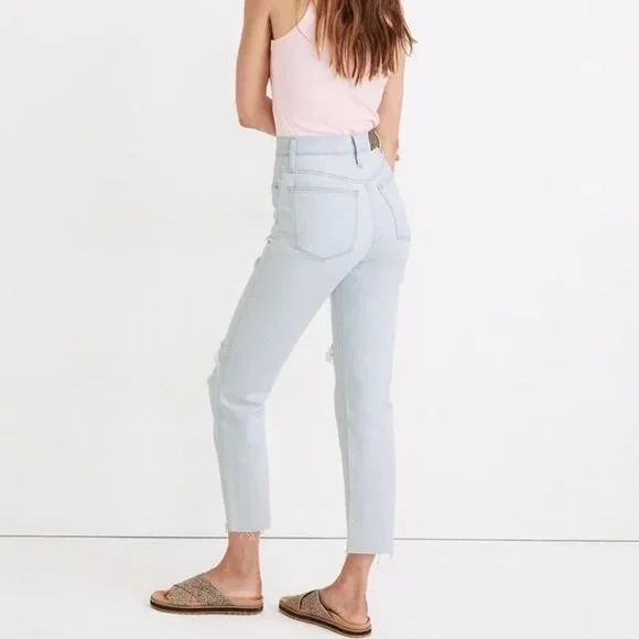 Madewell The Momjean Harman Wash High Rise Raw Hem Light Blue Distressed 28 - Picture 4 of 10